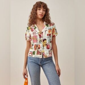 Reformation | Cuba Top Comic Cartoon Print Button Up Short Sleeve Top Blouse XS